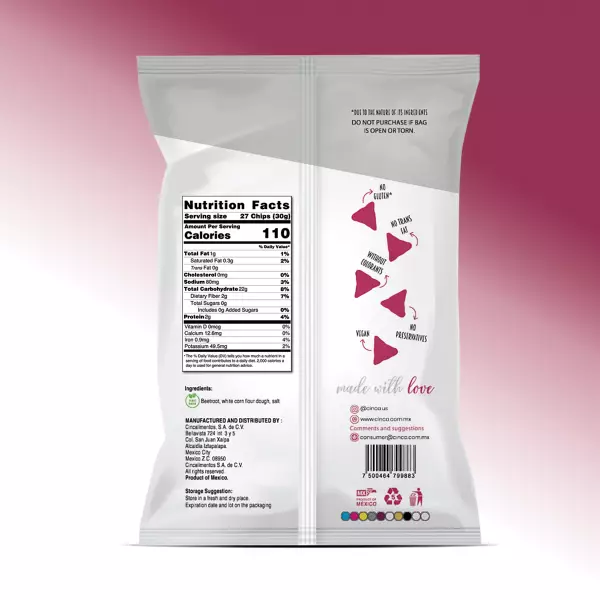 Beetroot and corn tortilla chips / 4.2oz (120 grams)  / Plant Based / Clean label / No preservatives