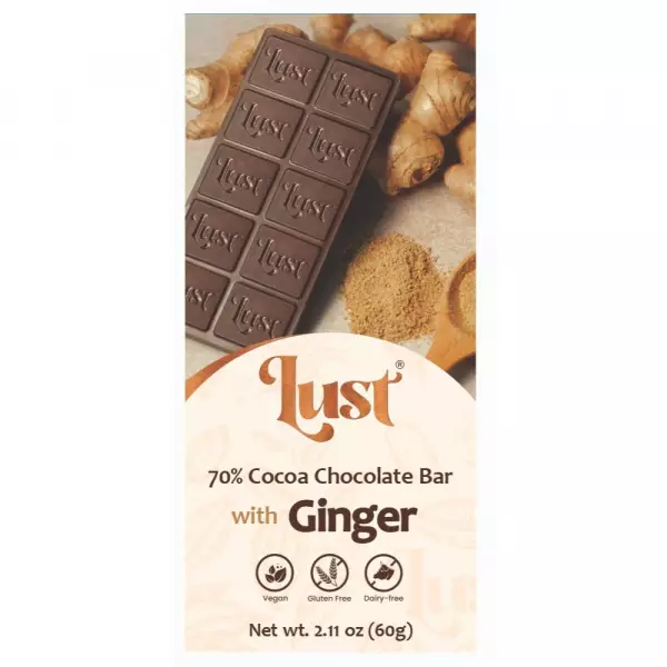 Chocolate with GINGER 70% cocoa - 2.11oz - Gluten Free - Vegan - Milk Free