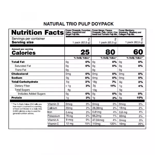 Healthy Trio Pulp / Collagen Boost. Fiber Boost. Green Detox Mix / 100% Natural / Six Pack 26.46 Oz