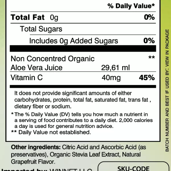 Organic Grapefruit Aloe Vera Juice - 16.7 oz - Vegan, Zero Sugar, Aloin/Gluten Free, Kosher.