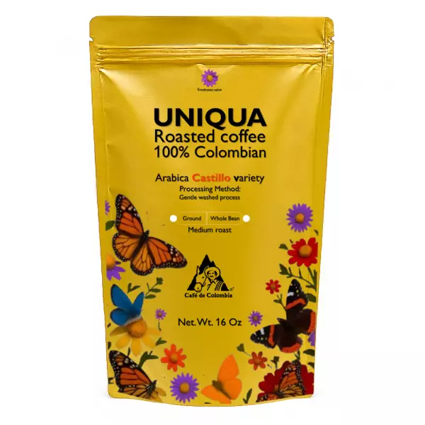 Roasted Coffee. Net Wt. 16 Oz. 100% arabica Colombian Coffee. Castillo variety. Ground or whole bean