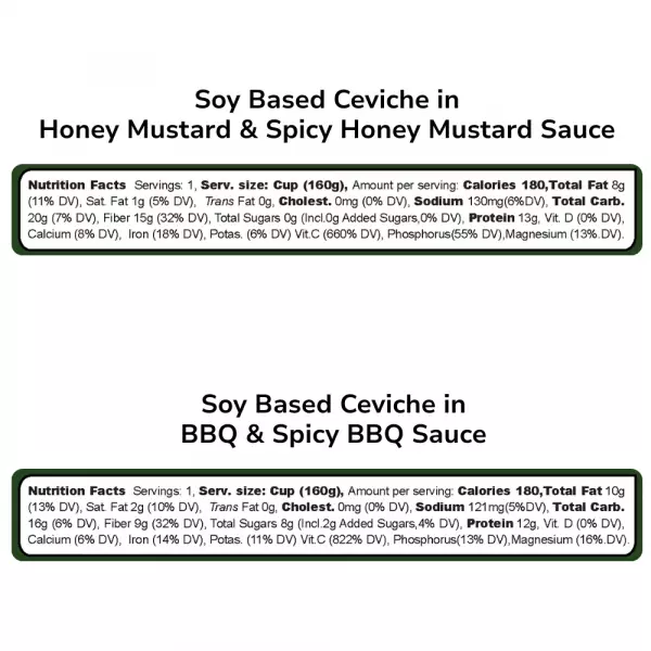 Soy Ceviche–4-Pack: Honey Mustard & BBQ (Spicy/Mild)–5.64oz–Vegan, GF, Ready-to-Eat
