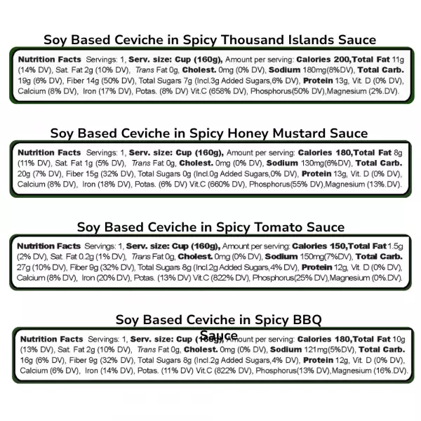 Soy Ceviche 4-Pack–All Spicy: Tomato, Thousand Island, BBQ, Honey Mustard-5.64oz-Protein-Gluten free