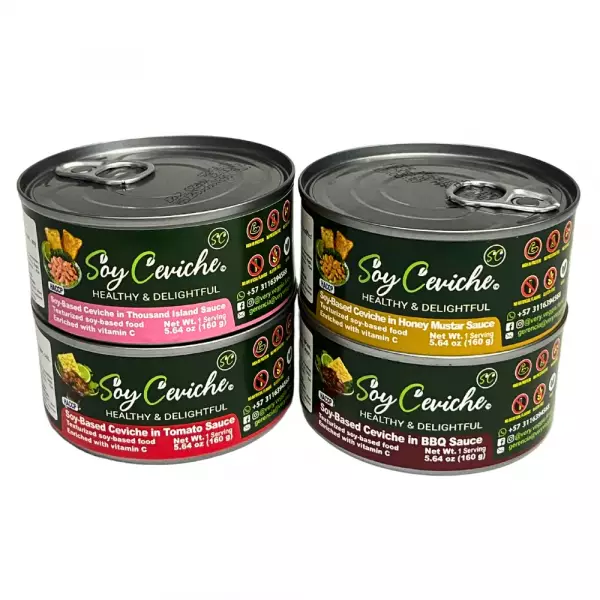 Soy Ceviche 4-Pack – Tomato, Thousand Island, BBQ & Honey Mustard – 5.64oz – Vegan E