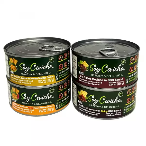 Soy Ceviche 4-Pack Honey Mustard, BBQ (Spicy, Mild) 5.64oz – Vegan, Gluten-Free, Ready to eat E