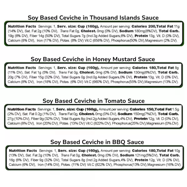 Soy Ceviche 4Pack Tomato Thousand Island BBQ Honey Mustard 5.64oz Vegan Gluten Free