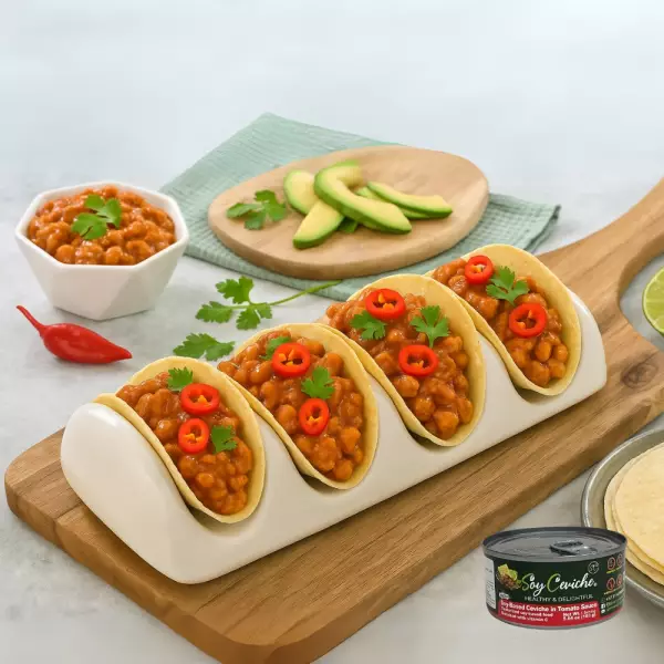 Soy Ceviche in Tomato Sauce -5,64oz- Vegan protein - Gluten free - Healthy snack or meal - Low sugar