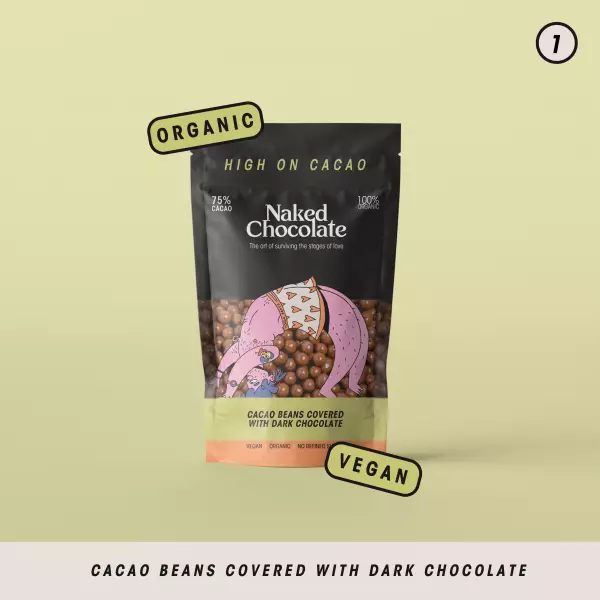 Cacao Beans Covered With 75% Dark Chocolate 2.5 Oz Organic. Vegan. Gluten Free