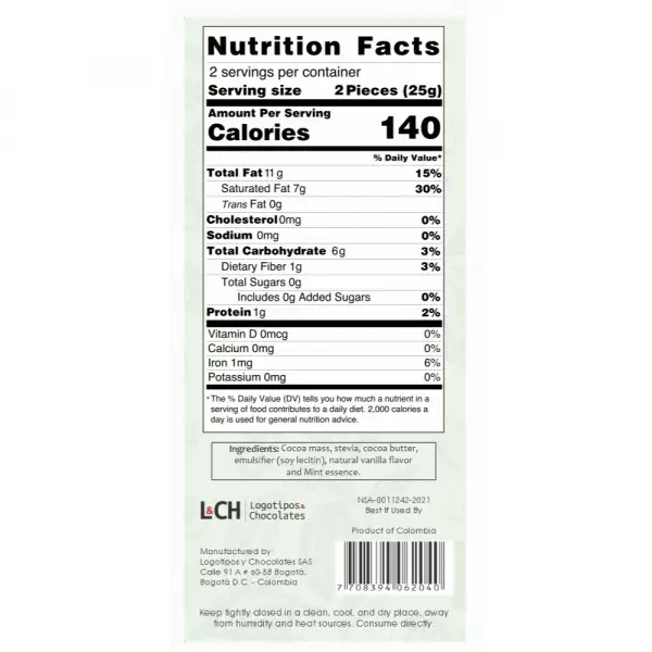 Chocolate 80% cocoa with MINT - 1.76oz with STEVIA - Gluten Free - Vegan - Sugar Free - Milk Free