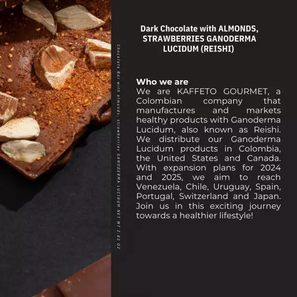 Dark chocolate bar with Almonds. strawberries and reishi/Organic/vegan/Gluten free/egg free/Soy free