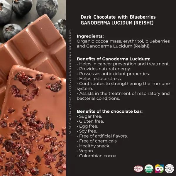 Dark Chocolate Bar with Blueberries and Reishi/Organic/Vegan/Gluten Free/Egg Free/Soy Free