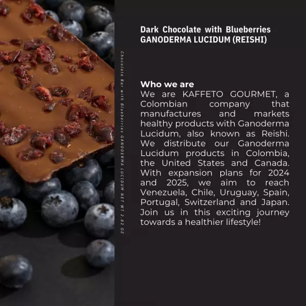 Dark Chocolate Bar with Blueberries and Reishi/Organic/Vegan/Gluten Free/Egg Free/Soy Free