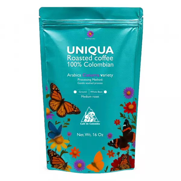 Roasted Coffee. Net Wt. 16 Oz. 100% arabica Colombian Coffee. Caturra variety. Ground or whole bean